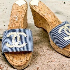 Vintage CHANEL Cruise Collection Blue Striped CC Logo Cork Wedge Mules Size EU37